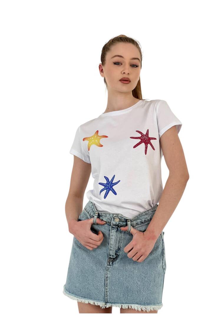 Star Printed Short Sleeve Summer Black T-Shirt