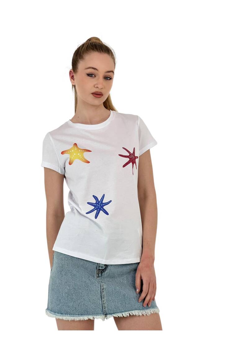 Star Printed Short Sleeve Summer Black T-Shirt