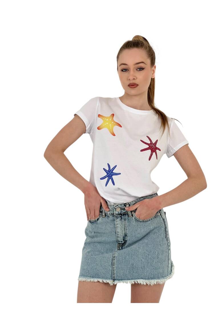 Star Printed Short Sleeve Summer Black T-Shirt