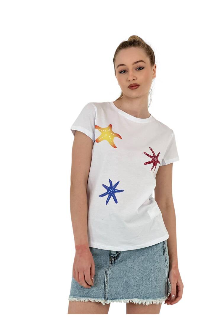 Star Printed Short Sleeve Summer Black T-Shirt