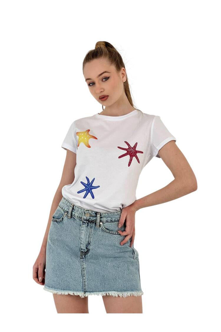 Star Printed Short Sleeve Summer Black T-Shirt