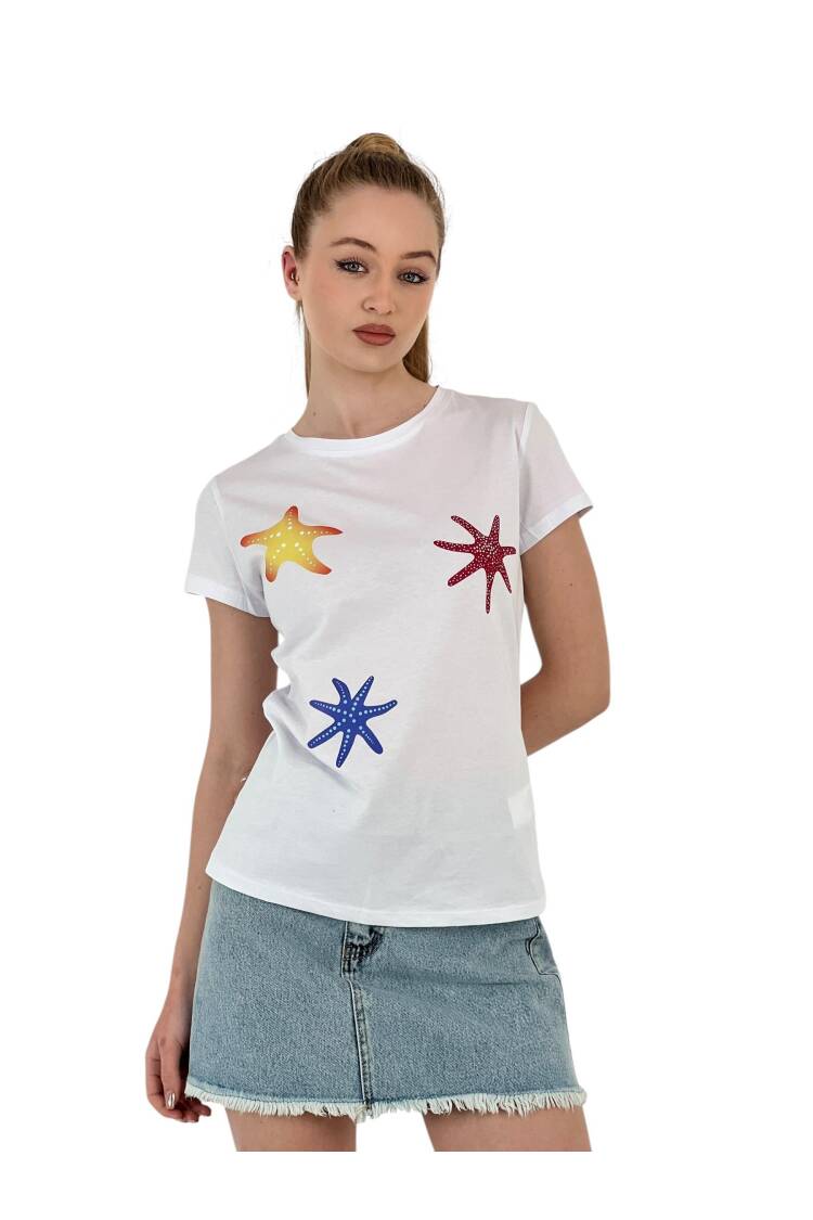 Star Printed Short Sleeve Summer Black T-Shirt