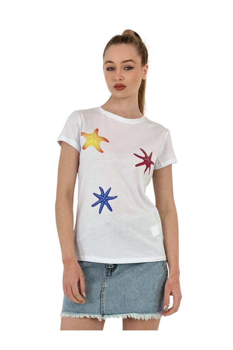 Star Printed Short Sleeve Summer Black T-Shirt