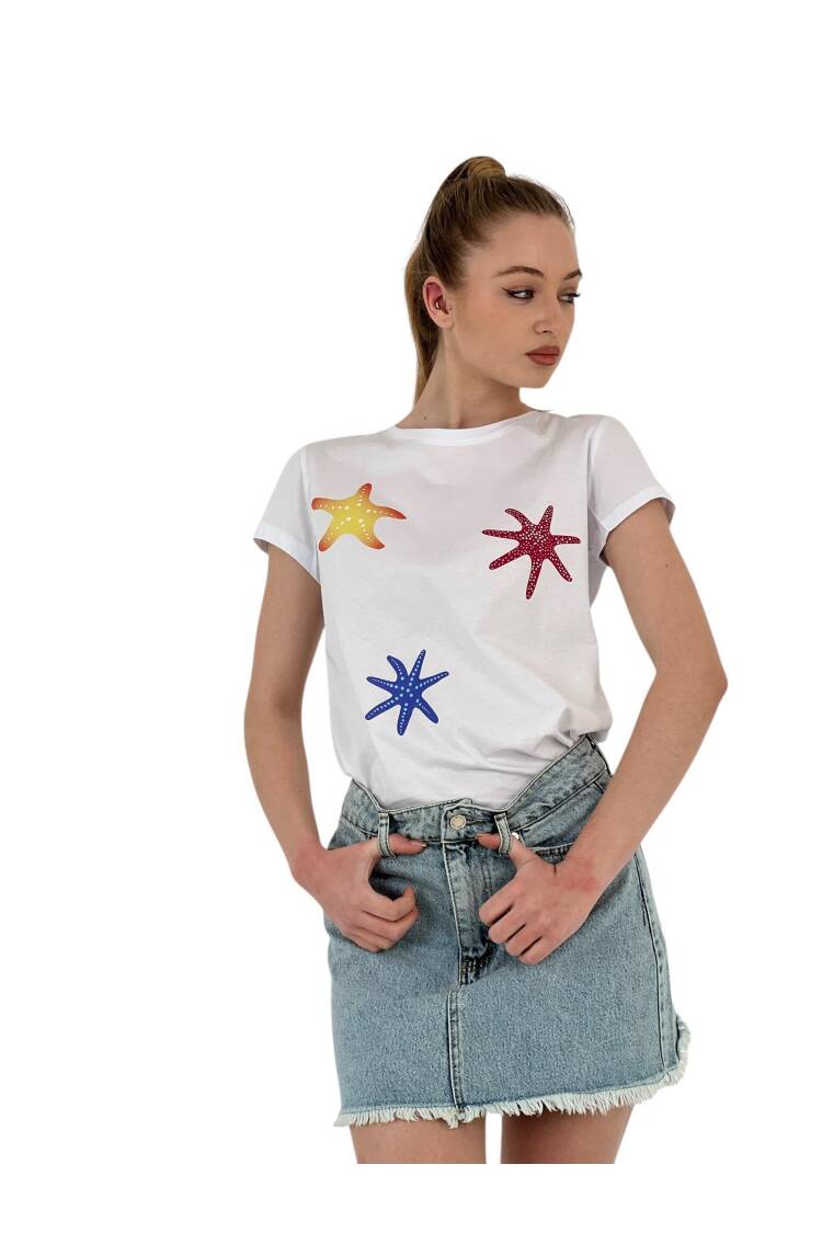 Star Printed Short Sleeve Summer Black T-Shirt