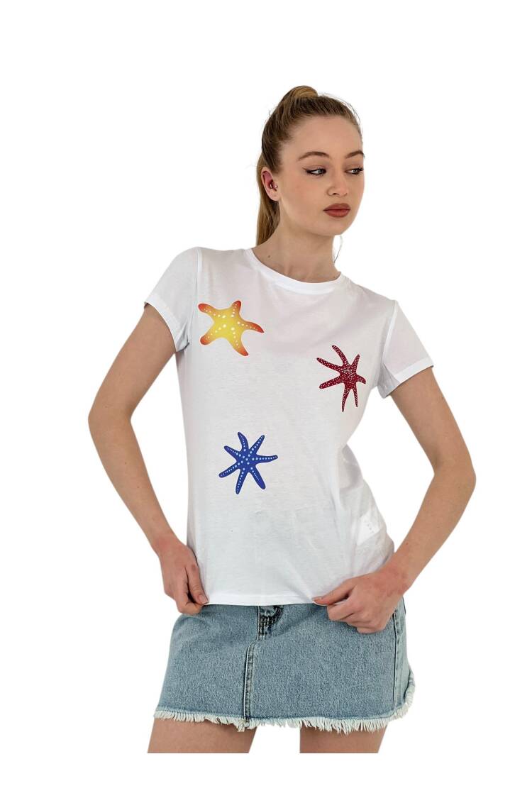 Star Printed Short Sleeve Summer Black T-Shirt