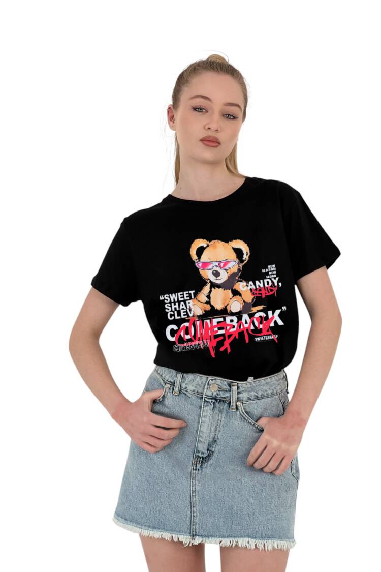 Cool Bear Printed T-Shirt —& White - MISS POEM - Globality Store - Women Clothes Wholesale Turkey
