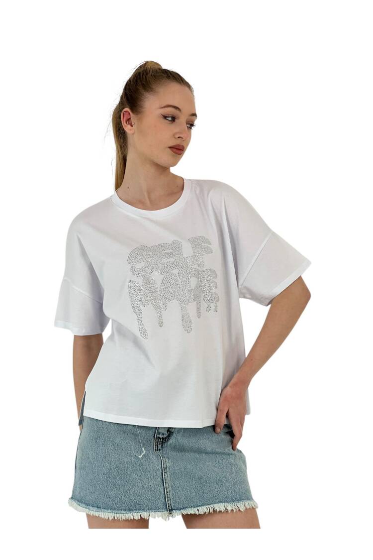 Stone Embroidered Self Made Oversize T-Shirt — Grey & White