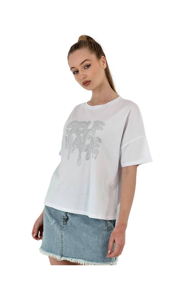 Stone Embroidered Self Made Oversize T-Shirt — Grey & White - MISS POEM - Globality Store - Women Clothes Wholesale Turkey