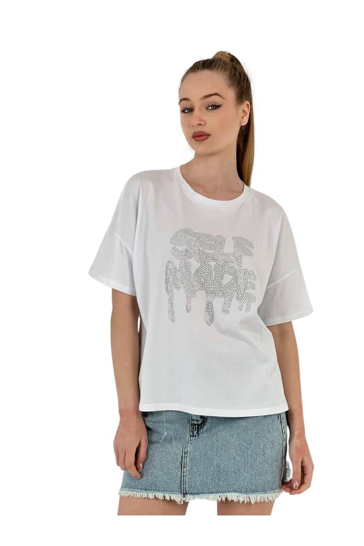 Stone Embroidered Self Made Oversize T-Shirt — Grey & White