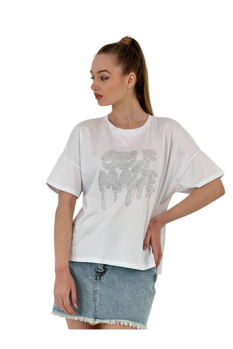Stone Embroidered Self Made Oversize T-Shirt — Grey & White