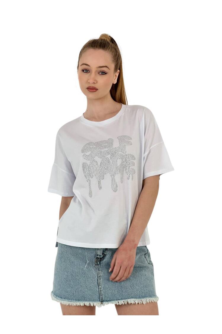 Stone Embroidered Self Made Oversize T-Shirt — Grey & White