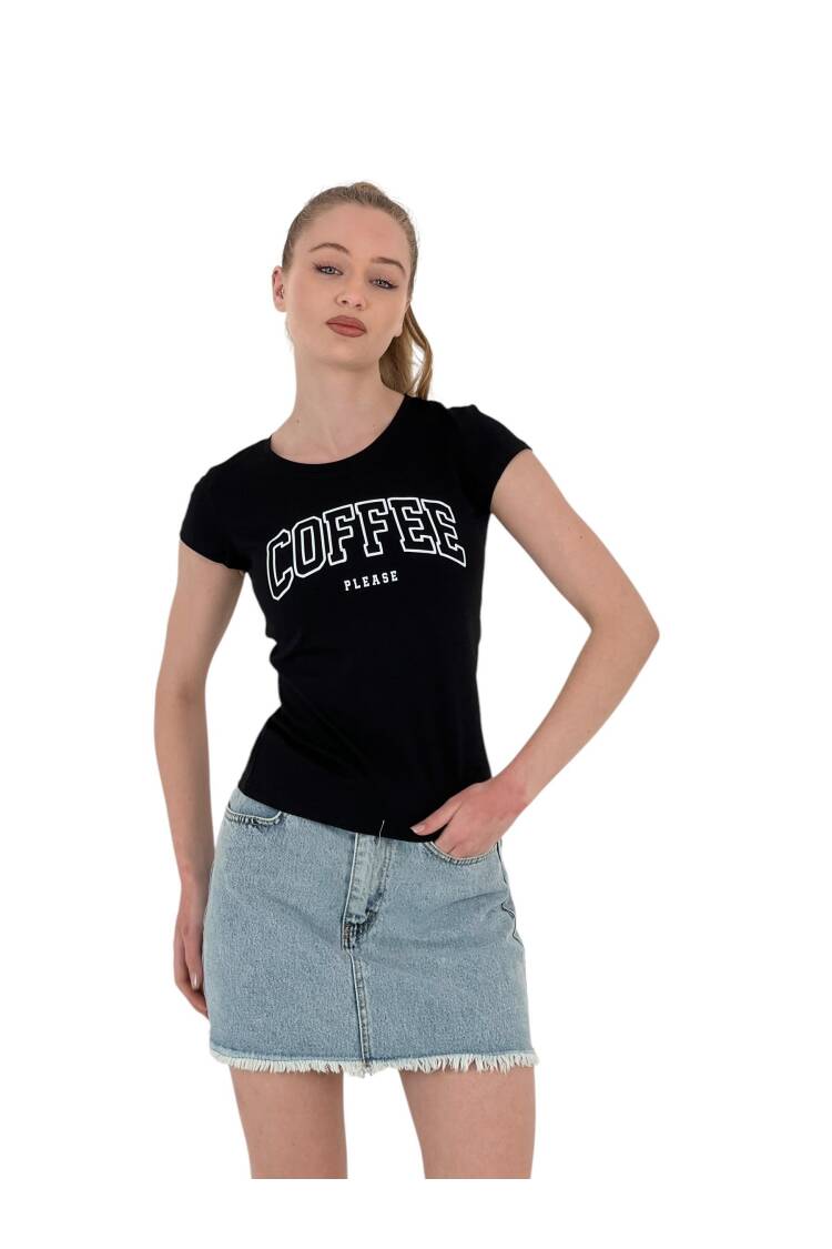 Summer Coffe Print Short Sleeve Skinny White T-Shirt - MISS POEM - Globality Store - Women Clothes Wholesale Turkey