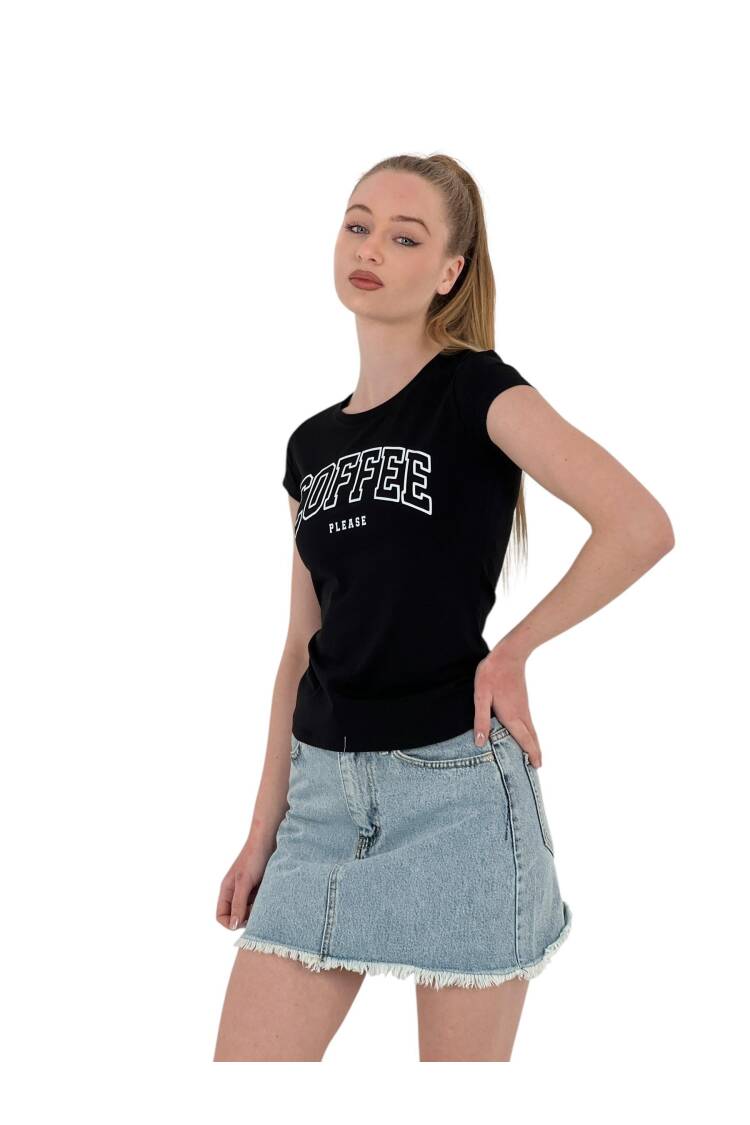 Summer Coffe Print Short Sleeve Skinny White T-Shirt