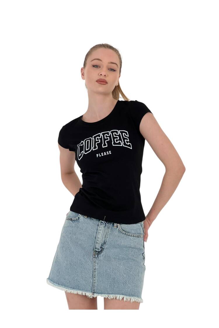 Summer Coffe Print Short Sleeve Skinny White T-Shirt