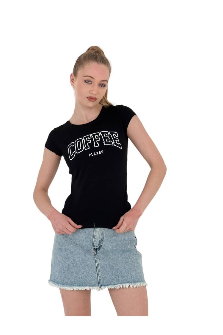 Summer Coffe Print Short Sleeve Skinny White T-Shirt