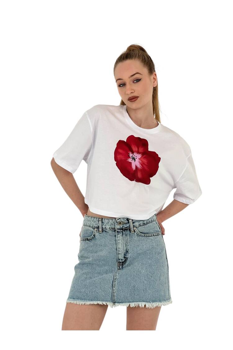 Oversize Rose Printed Short Black Crop T Shirt