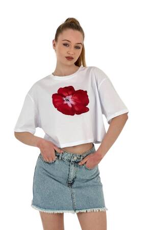 Oversize Rose Printed Short Black Crop T Shirt - MISS POEM - Globality Store - Women Clothes Wholesale Turkey