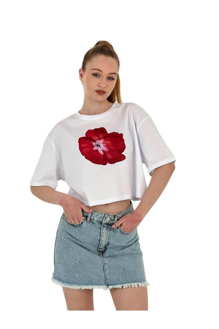Oversize Rose Printed Short Black Crop T Shirt