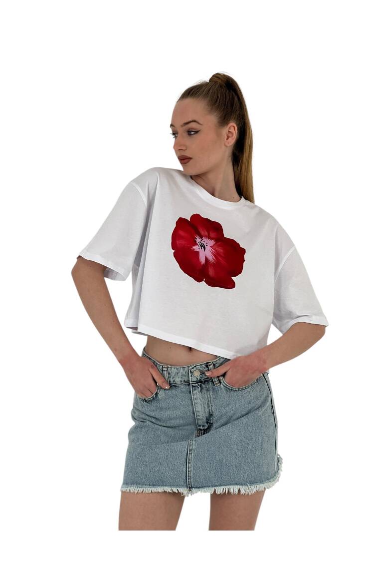 Oversize Rose Printed Short Black Crop T Shirt