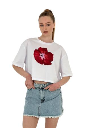 Oversize Rose Printed Short Black Crop T Shirt - MISS POEM - Globality Store - Women Clothes Wholesale Turkey