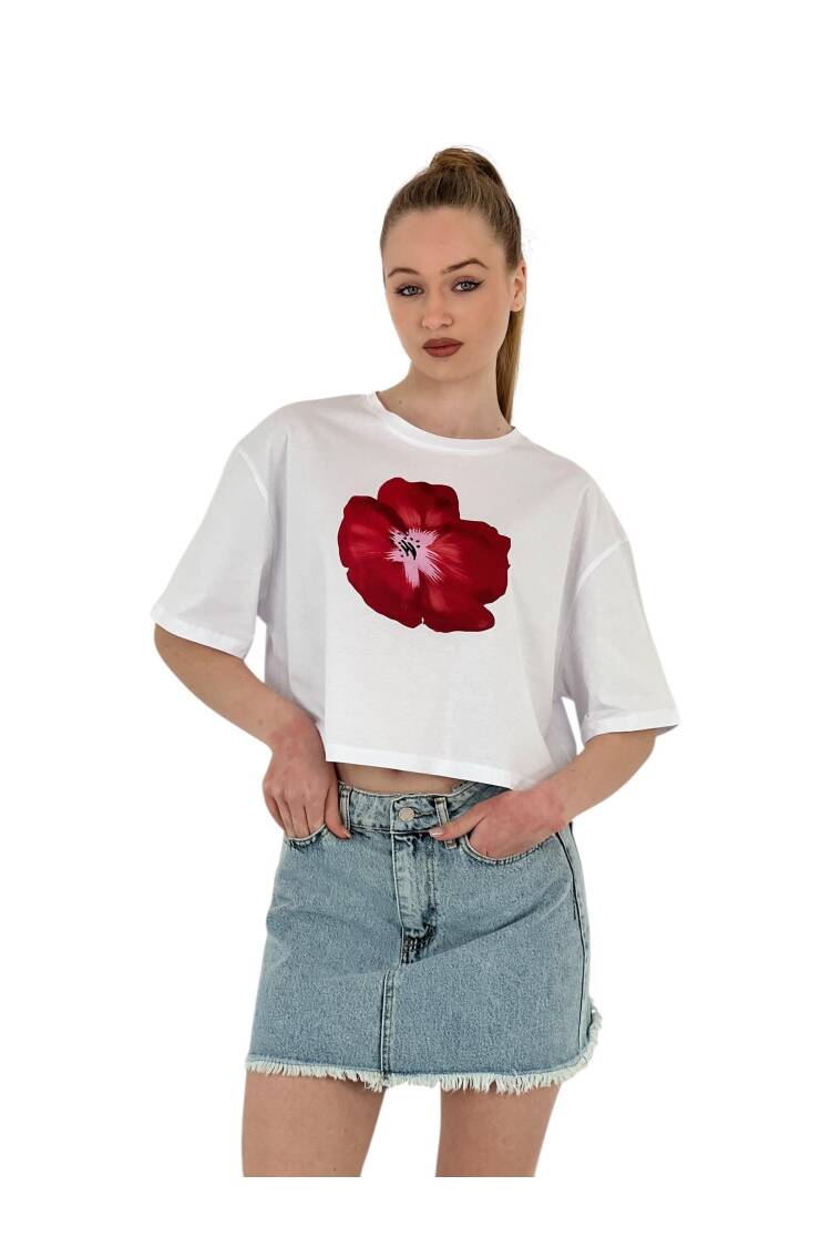 Oversize Rose Printed Short Black Crop T Shirt - MISS POEM - Globality Store - Women Clothes Wholesale Turkey