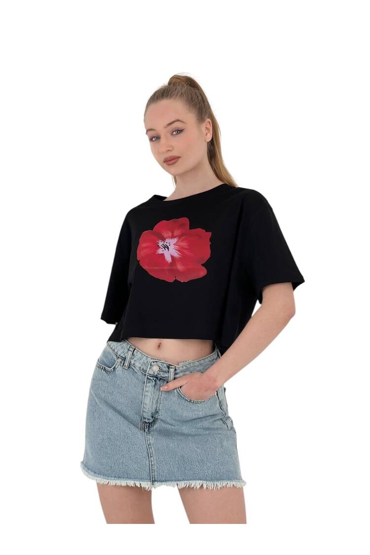 Oversize Rose Printed ShortCrop T Shirt - MISS POEM - Globality Store - Women Clothes Wholesale Turkey