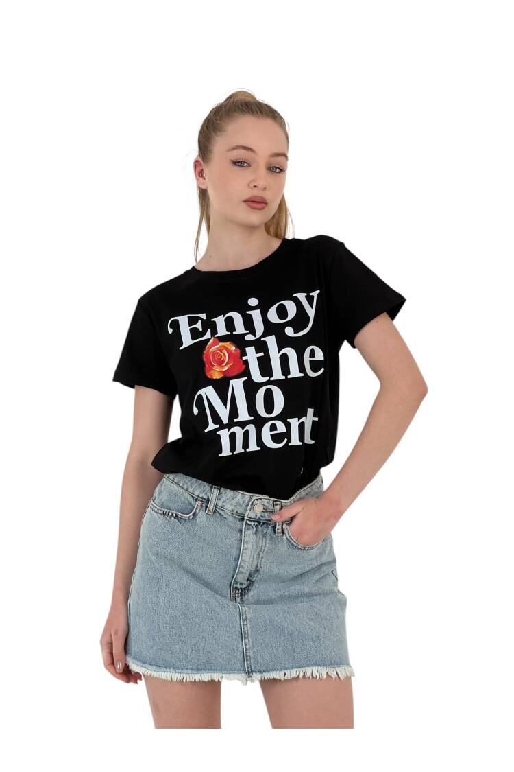 The Moment Printed Black Oversized T-shirt
