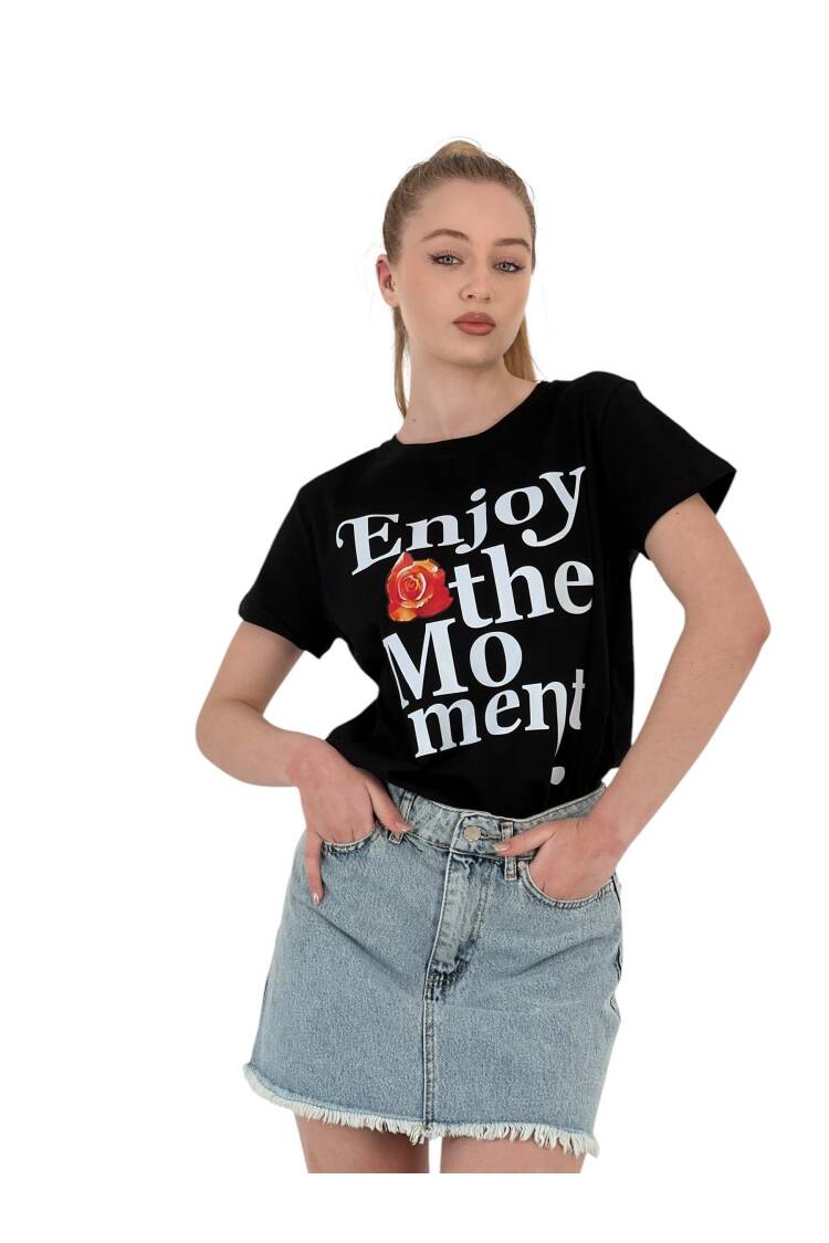 The Moment Printed Black Oversized T-shirt
