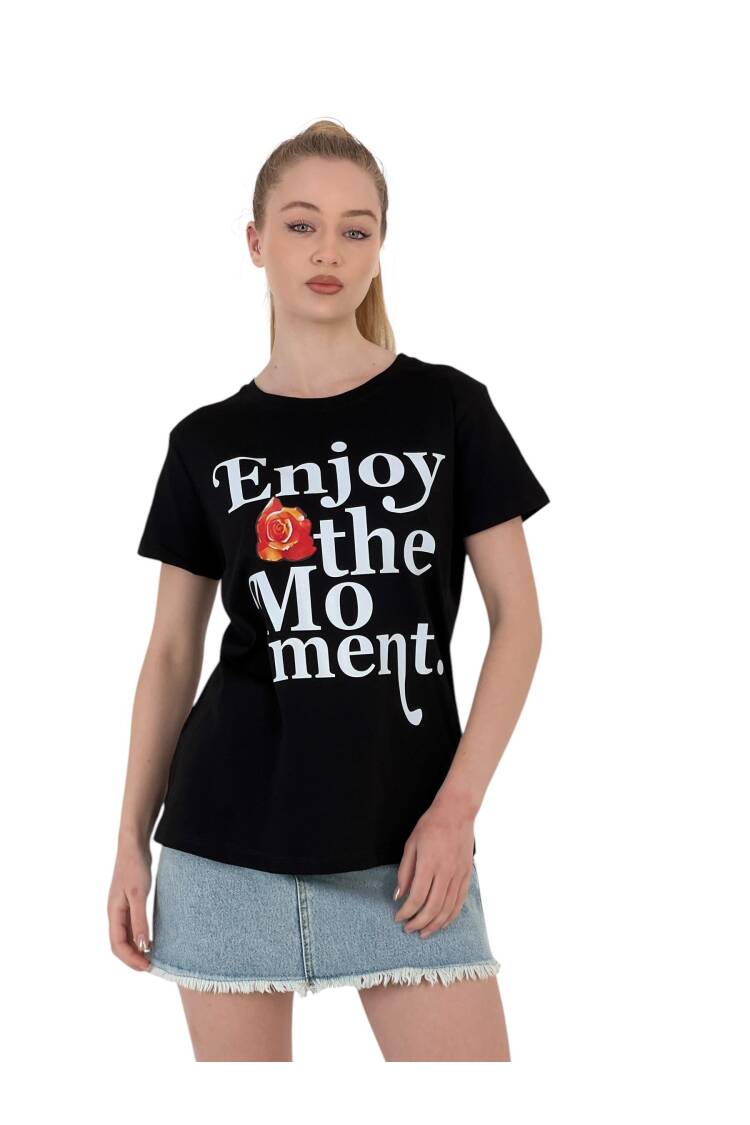 The Moment Printed Black Oversized T-shirt