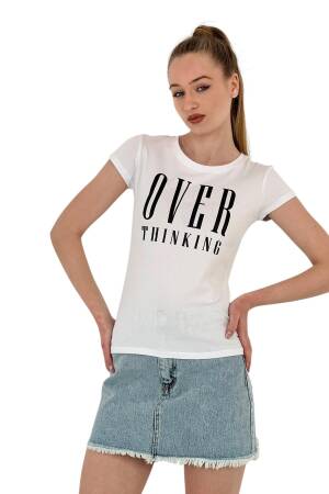 Thinking Printed Short Sleeve Slim Fuchsia T-Shirt - MISS POEM - Globality Store - Women Clothes Wholesale Turkey