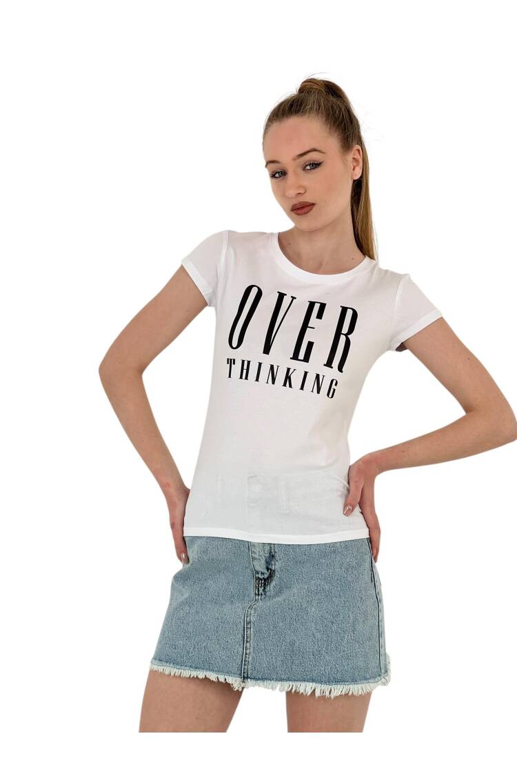 Thinking Printed Short Sleeve Slim Fuchsia T-Shirt