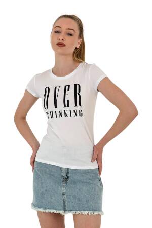 Thinking Printed Short Sleeve Slim Fuchsia T-Shirt - MISS POEM - Globality Store - Women Clothes Wholesale Turkey