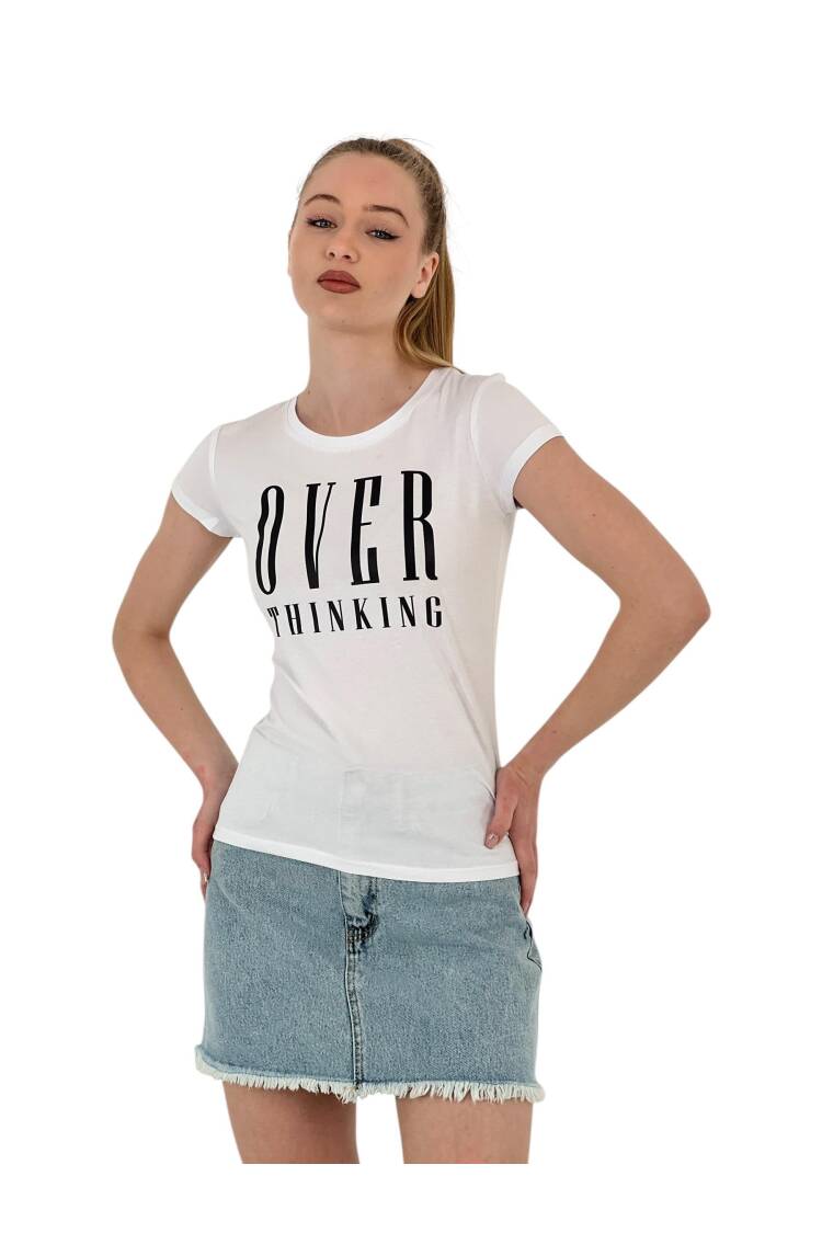 Thinking Printed Short Sleeve Slim Fuchsia T-Shirt