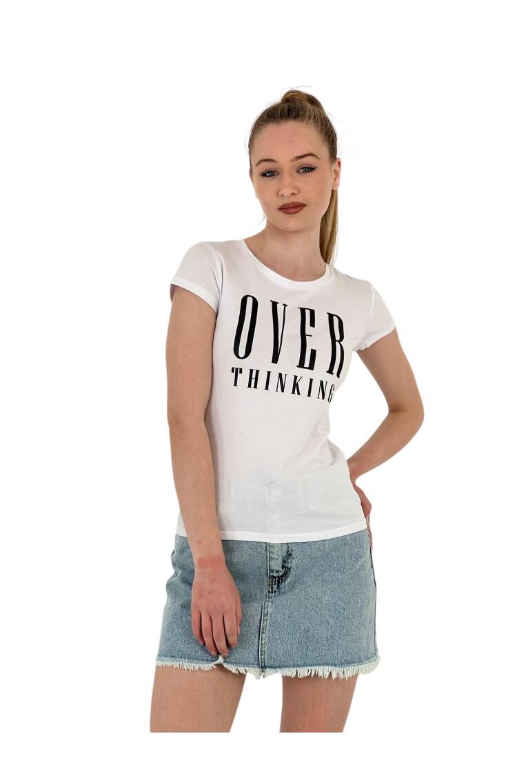 Thinking Printed Short Sleeve Slim Fuchsia T-Shirt - MISS POEM - Globality Store - Women Clothes Wholesale Turkey