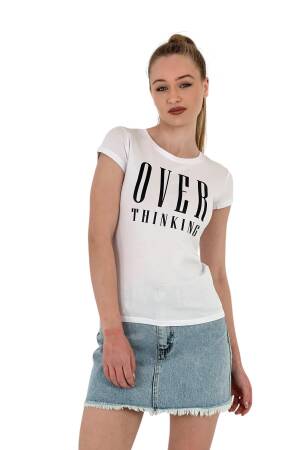 Thinking Printed Short Sleeve Slim Fuchsia T-Shirt - MISS POEM - Globality Store - Women Clothes Wholesale Turkey
