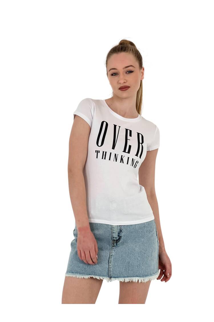 Thinking Printed Short Sleeve Slim Fuchsia T-Shirt