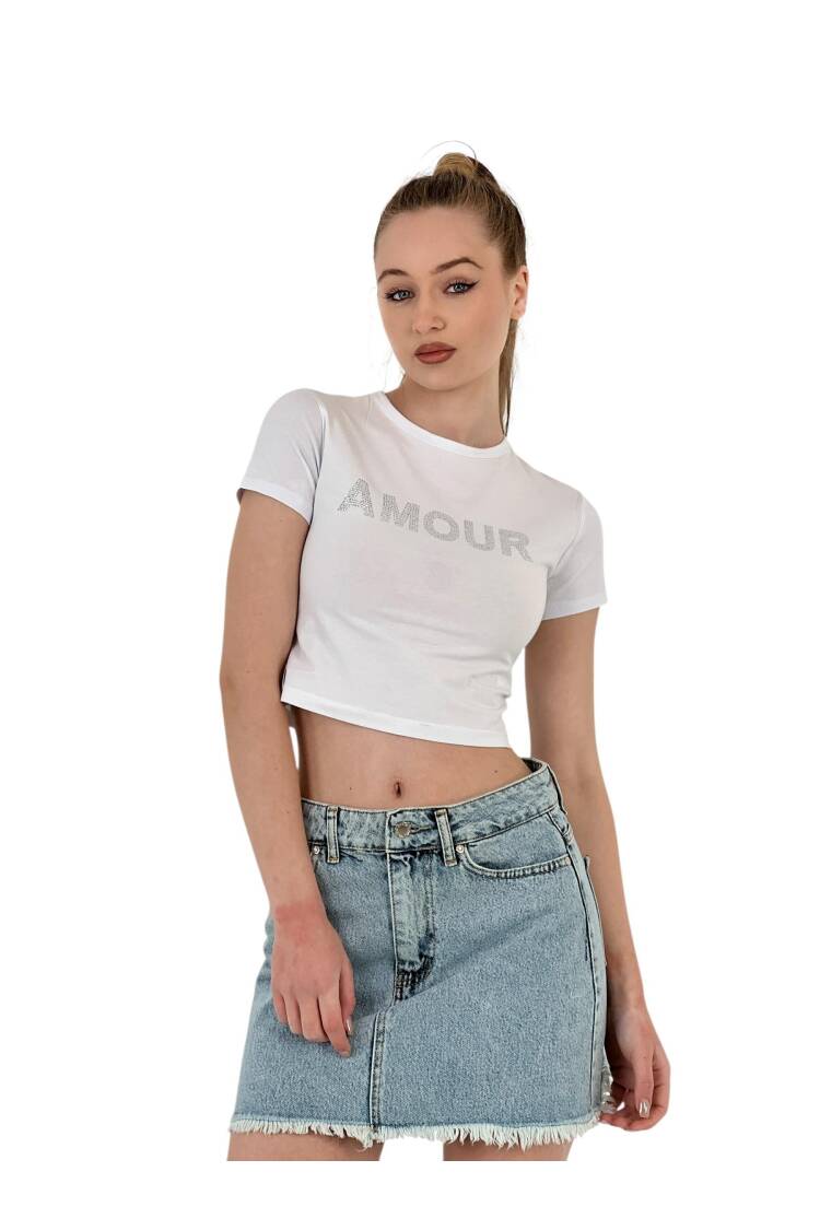 Short Sleeve Summer White Crop T-Shirt With Stones