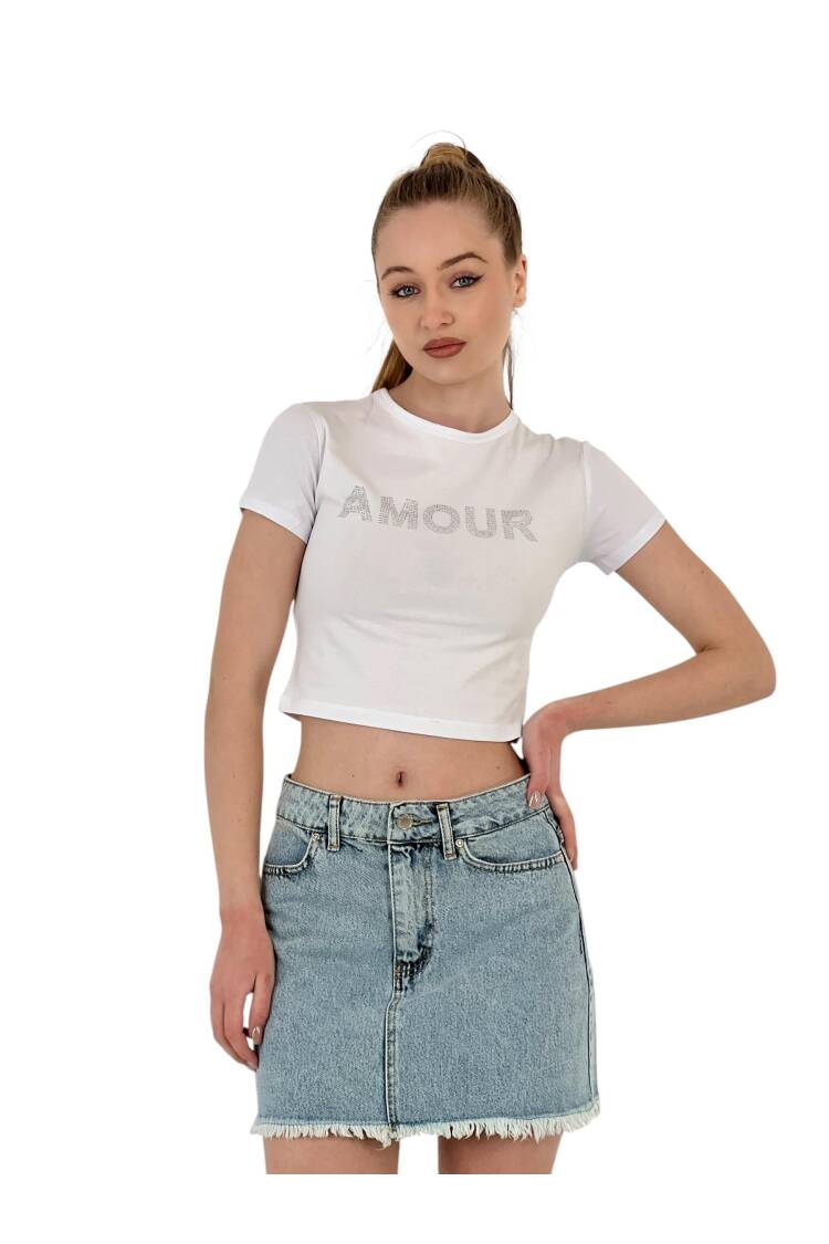 Short Sleeve Summer White Crop T-Shirt With Stones
