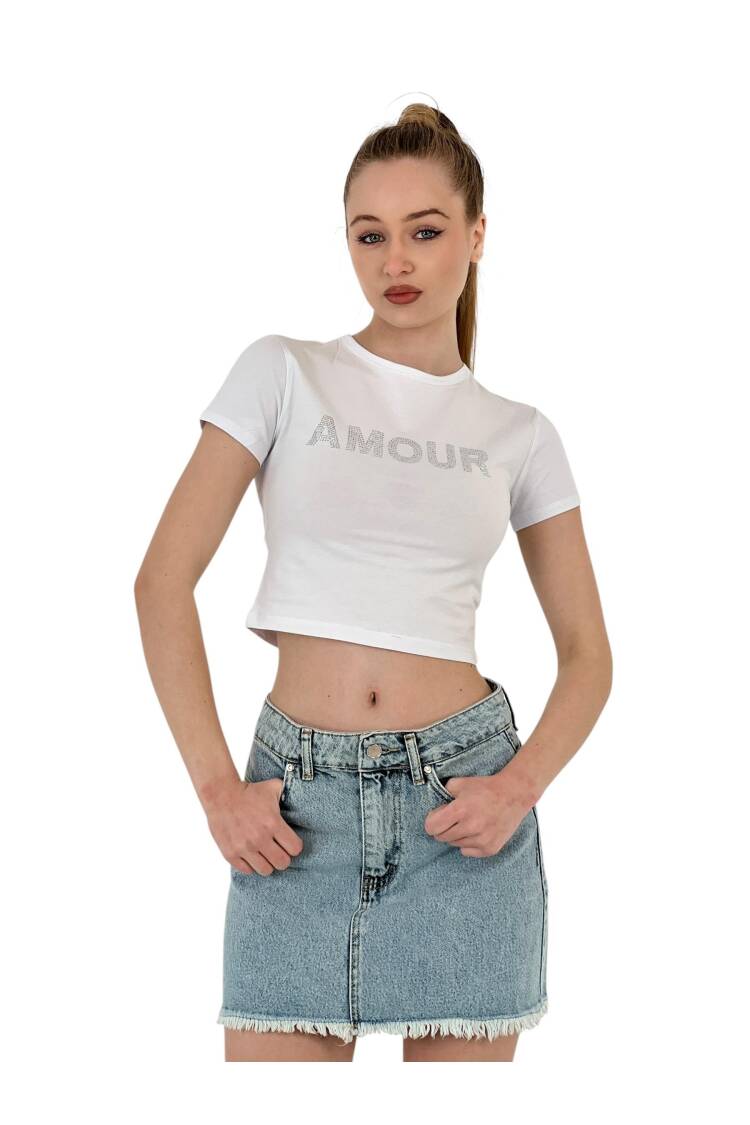 Short Sleeve Summer White Crop T-Shirt With Stones