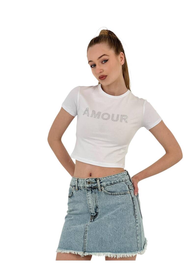 Short Sleeve Summer White Crop T-Shirt With Stones - MISS POEM - Globality Store - Women Clothes Wholesale Turkey