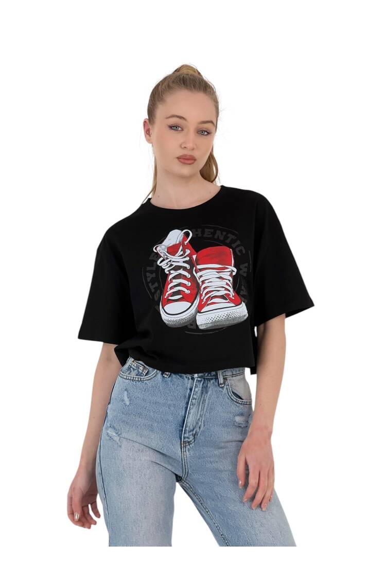 Oversize Printed Short Sleeve White Crop T Shirt