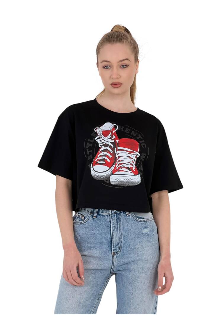 Oversize Printed Short Sleeve White Crop T Shirt