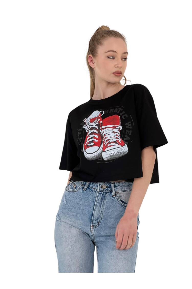 Oversize Printed Short Sleeve White Crop T Shirt