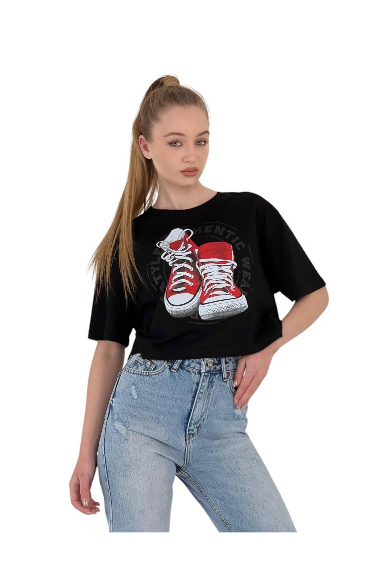 Oversize Printed Short Sleeve White Crop T Shirt - MISS POEM - Globality Store - Women Clothes Wholesale Turkey