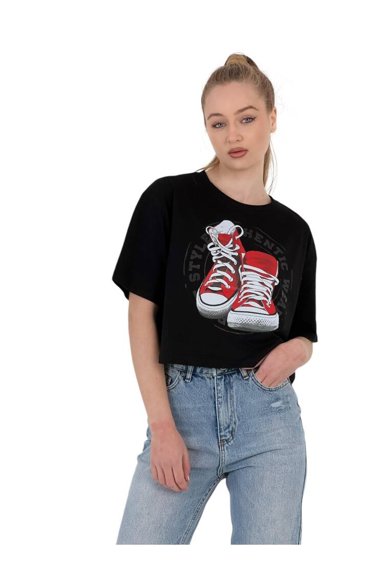 Oversize Printed Short Sleeve White Crop T Shirt