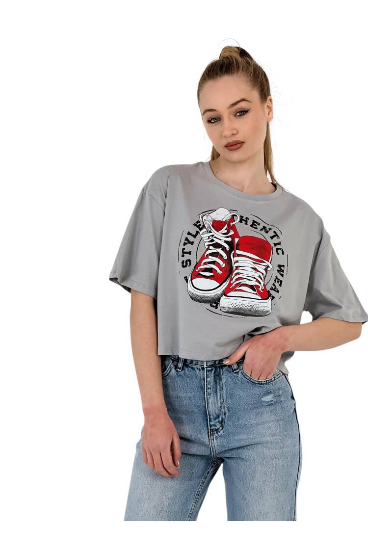 Oversize Printed Short Sleeve White Crop T Shirt