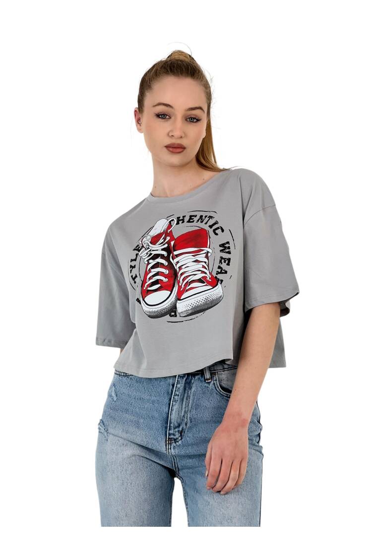 Oversize Printed Short Sleeve White Crop T Shirt