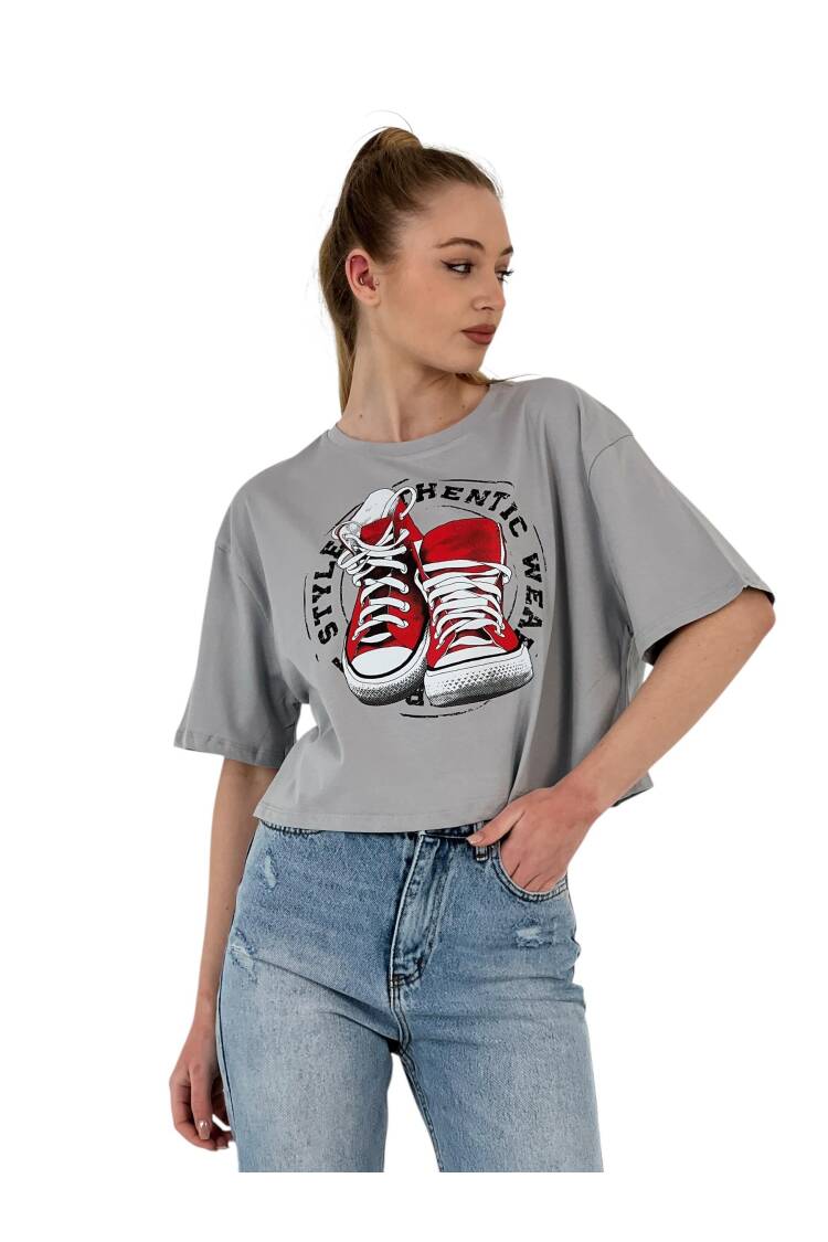 Oversize Printed Short Sleeve White Crop T Shirt