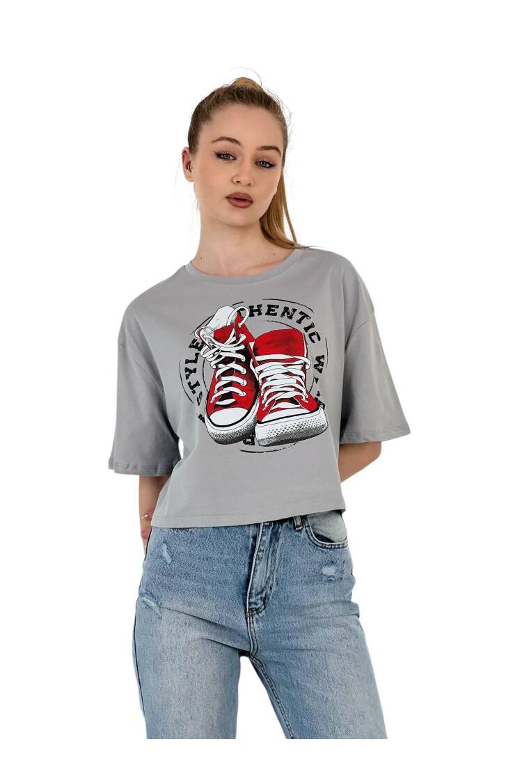 Oversize Printed Short Sleeve White Crop T Shirt