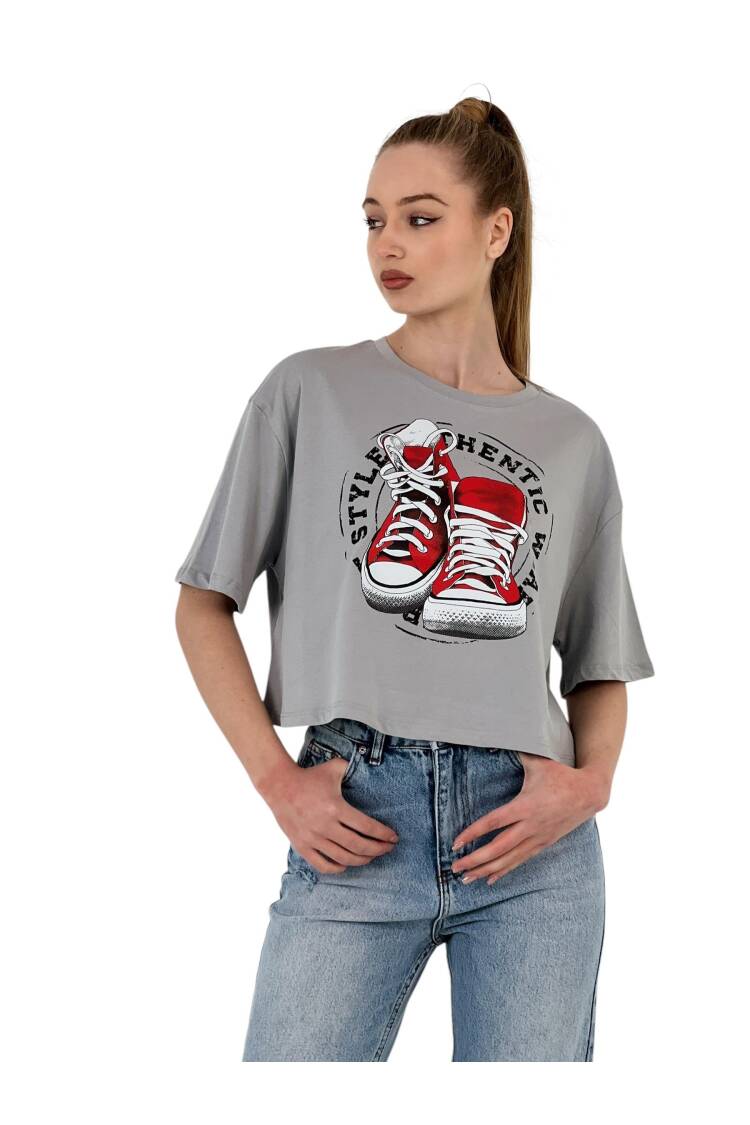 Oversize Printed Short Sleeve White Crop T Shirt - MISS POEM - Globality Store - Women Clothes Wholesale Turkey